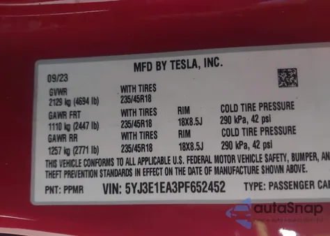 2023 Tesla Model 3 Rear-Wheel Drive z USA, uszkodzony, nr VIN 5YJ3E1EA3PF652452